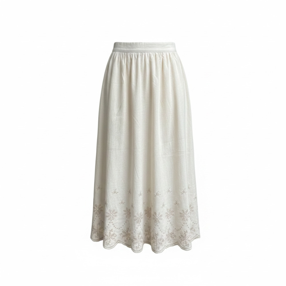 Tahari Linen Blend Embroidered Hem Midi Skirt